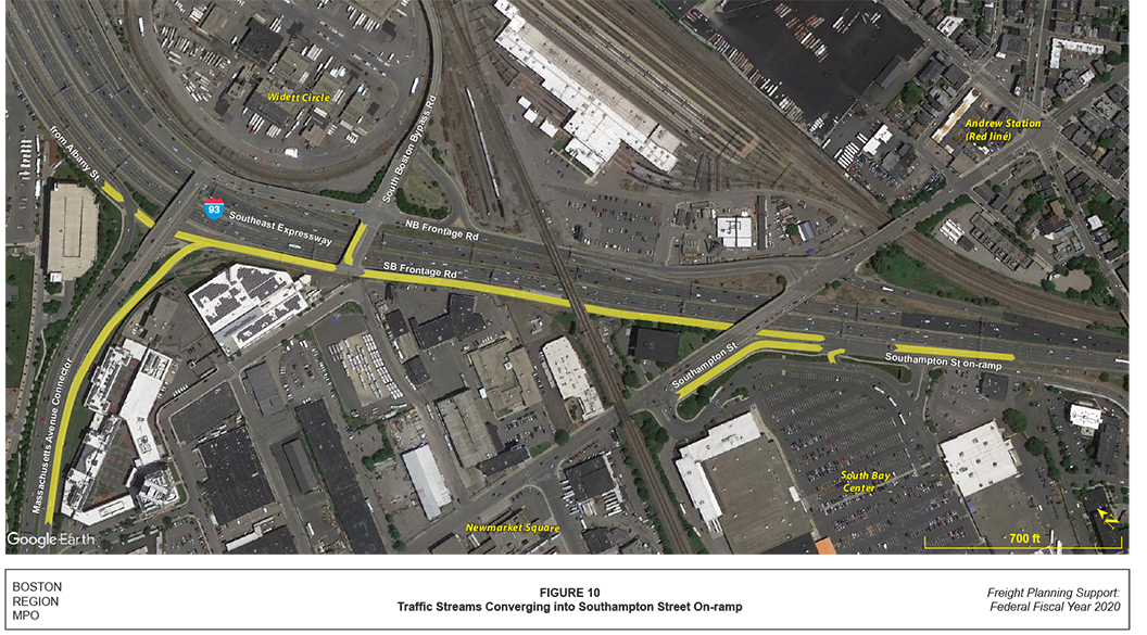 This is an aerial photo of the South Bay industrial area. Sections of local roadway, where queues form on weekday afternoons waiting to enter Interstate 93 at Southampton Street, are highlighted.